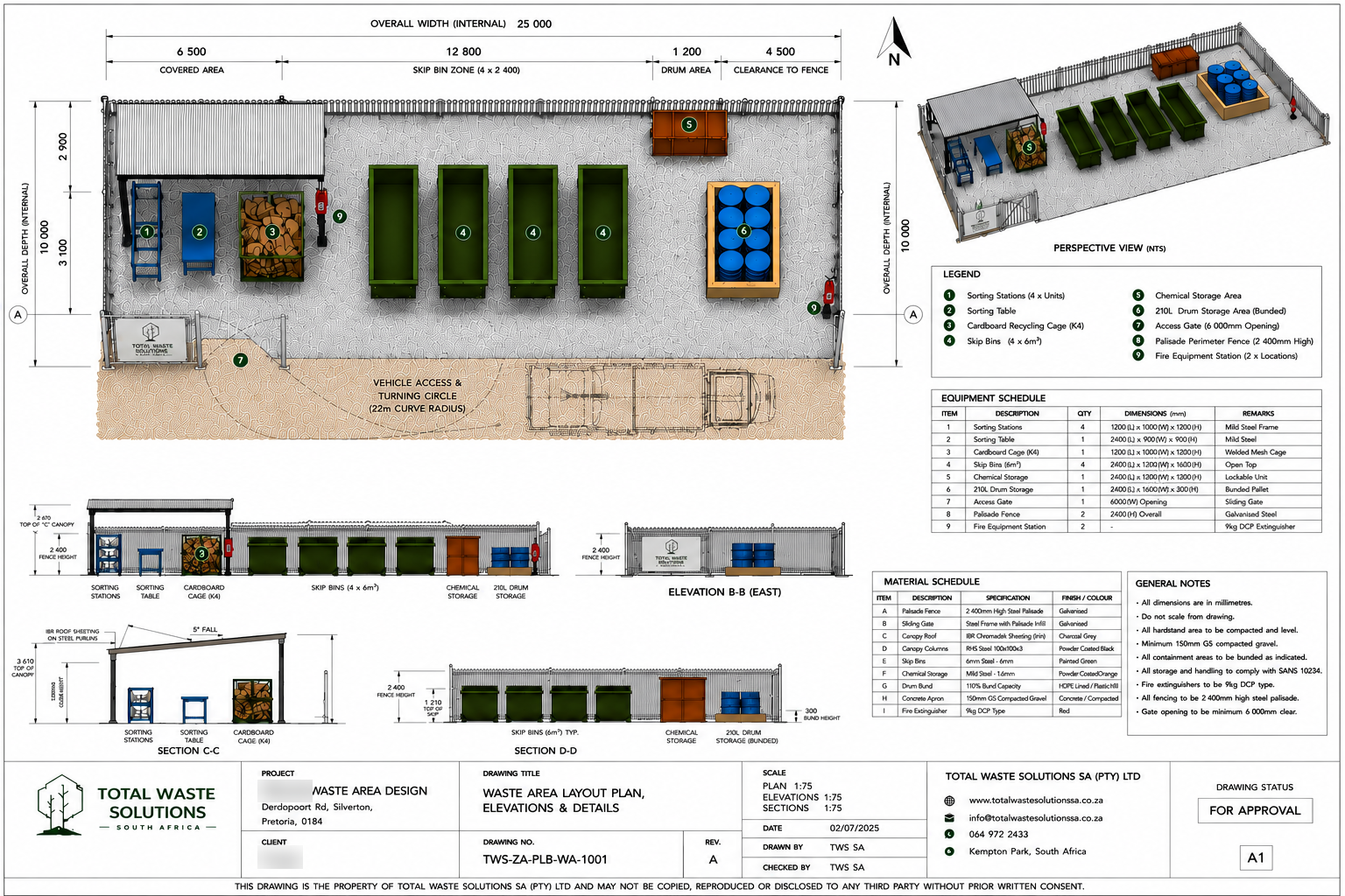 Waste area layout plan with elevations, sections, legend and equipment schedule