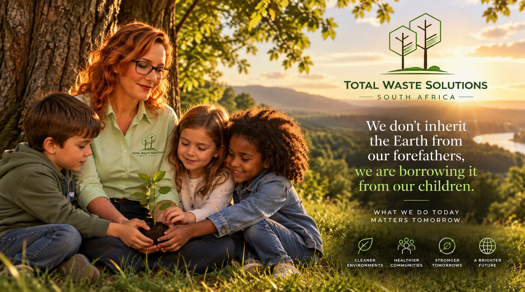 Total Waste Solutions South Africa — a woman and children planting a seedling at sunset: we don't inherit the Earth from our forefathers, we are borrowing it from our children