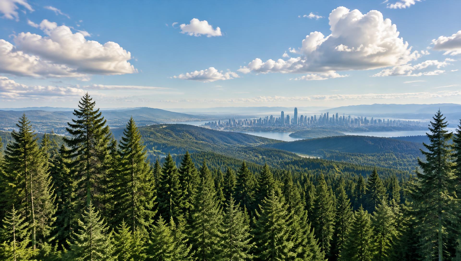 Green forest of tall trees with a distant city skyline under a blue sky with clouds